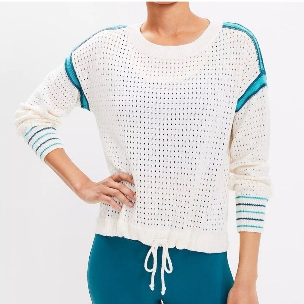 Lou & Grey stripped cream pointelle drawstring sweater